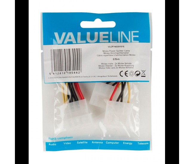 Cablu adaptor Intern PC sursa Molex tata - 2x Molex mama 0.15m Valueline