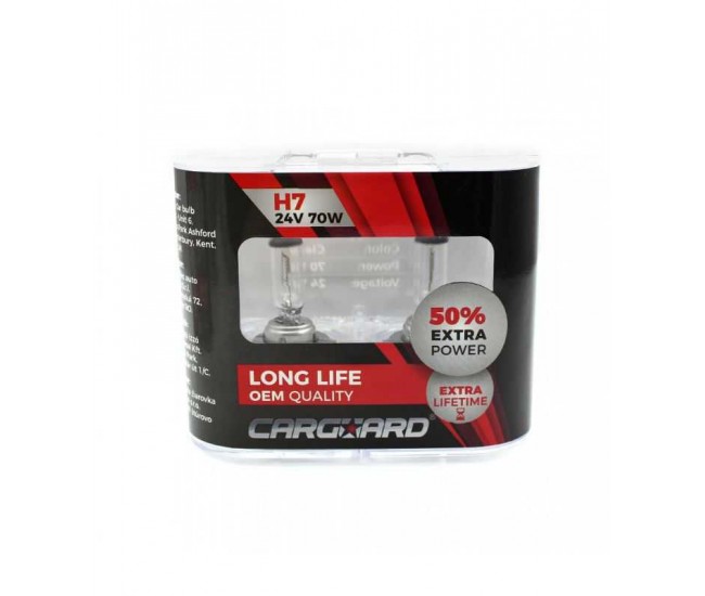 Set de 2 becuri Halogen 24V H7 70W +50% Intensitate LONG LIFE CARGUARD