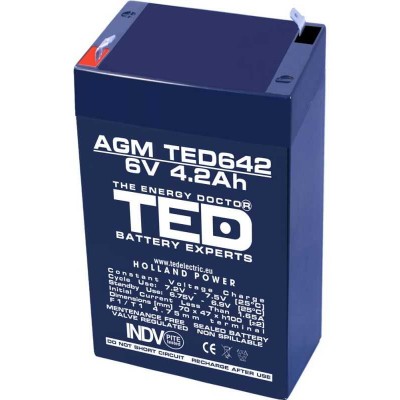 Acumulator AGM VRLA 6V 4.2Ah plumb acid 70x47x100 mm F1 terminal TED Battery Expert Holland