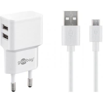 Incarcator de retea dual 2x USB cu cablu micro USB 2.4A alb Goobay