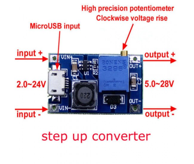 Modul DC-DC BOOST de 2A Intrare 2-24V Iesire pana la 28V