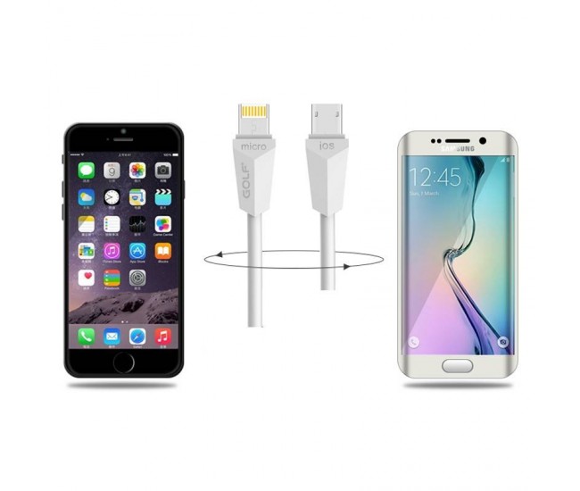 Cablu de incarcare USB Golf Diamond 2in1 alb iPhone micro USB 1m