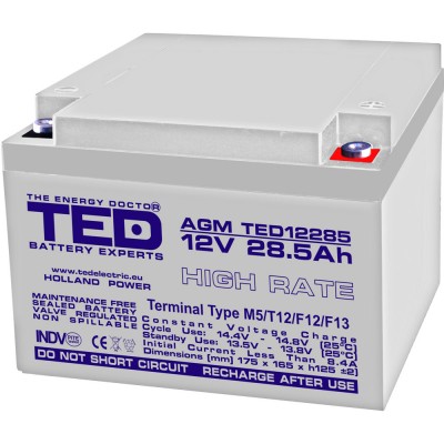 Acumulator AGM VRLA plumb acid 12V 28.5A High Rate 165x175xh126mm M5 TED Battery Expert Holland TED003447 5949258003447