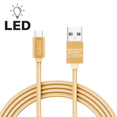 Cablu de date si incarcare USB Type C cu lumina LED auriu 1m Delight