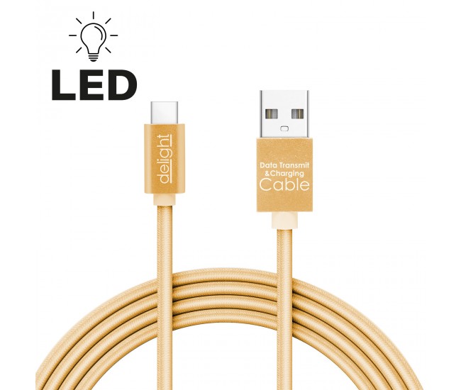 Cablu de date si incarcare USB Type C cu lumina LED auriu 1m Delight