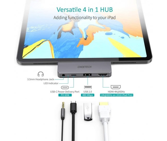 HUB USB type C - 1x HDMI + 1x USB 2.0 + USB type C PD 60W+ 1x Jack 3.5 mm Choetech HUB-M13