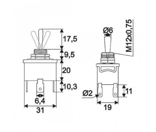 Comutator cu brat 2 circuit 10A 250V ON-OFF-ON cu retinere