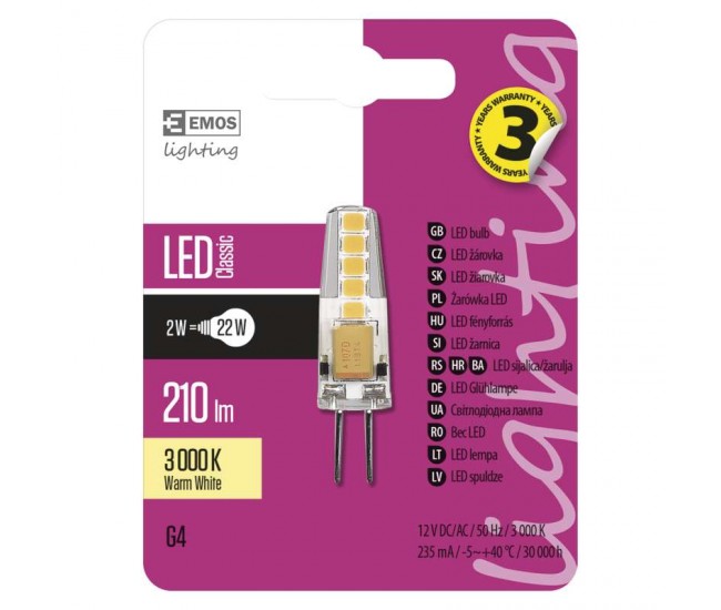 Bec LED G4 12V 2W 3000K alb cald 210lm ZQ8620 EMOS