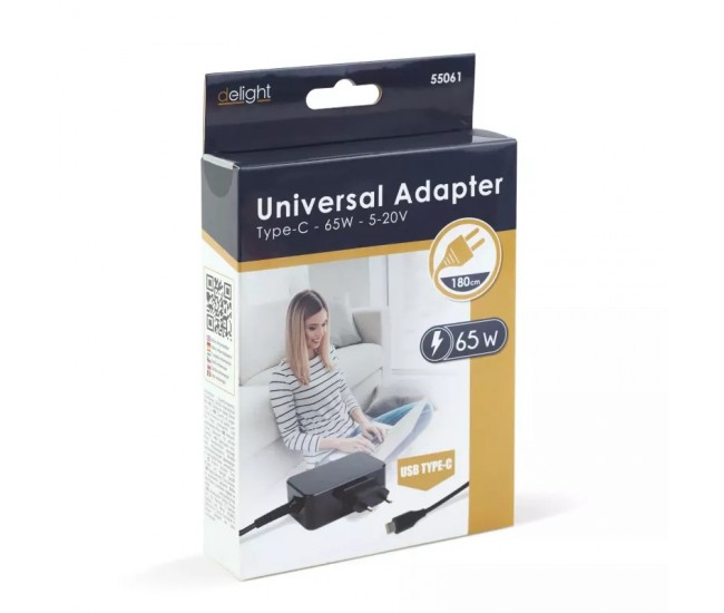 Adaptor incarcator USB-C 65W 5-20V 1.8m negru delight 55061