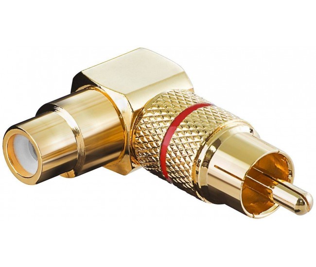 Mufa adaptor RCA mama - RCA tata cotit 90 grade aurita inel rosu Goobay