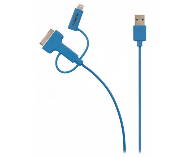 Cablu alimentare si sincronizare albastru USB 2.0 - micro USB +adaptor lightning +Apple Dock 30pini 1m cupru Valueline