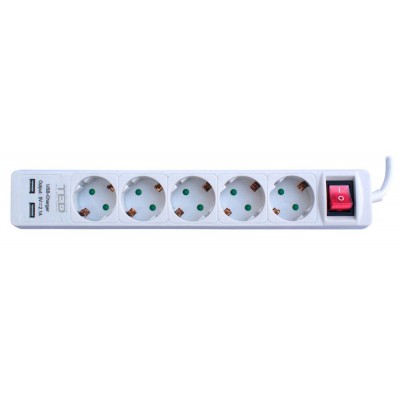 Prelungitor 5m 5 prize Schuko +2 iesiri USB 2.1A +intrerupator 3x1mm 10A 2300W TED