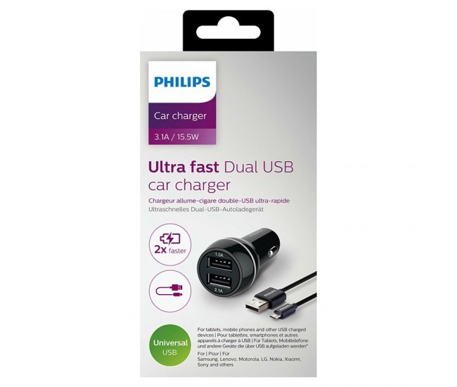 Incarcator auto dual 2x USB ULTRA-RAPID 15.5W 3.1A cu protectie + cablu micro USB PHILIPS DLP2357U/10