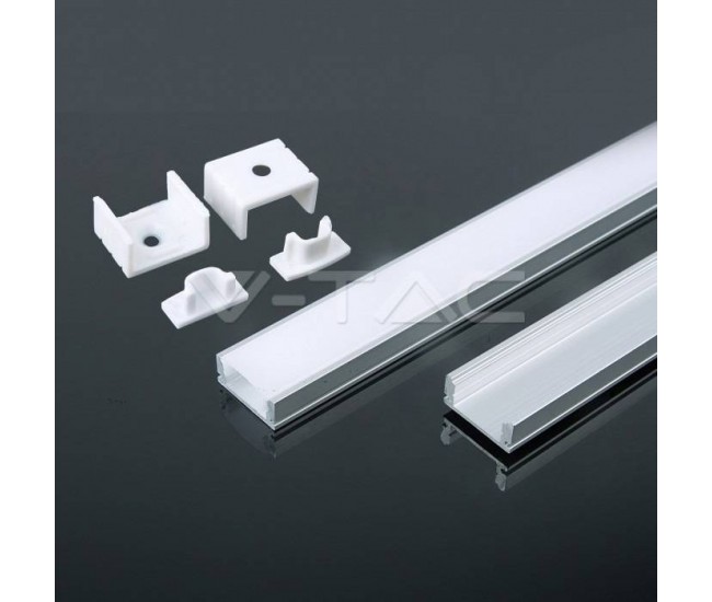 Profil aluminiu 2m pentru Banda LED 17.4mm x 7mm cu difuzor alb mat si accesorii prindere/capace V-TAC