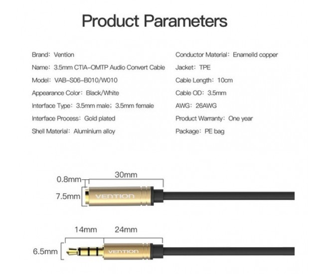 Cablu Jack 3.5 mm 4 pin socket Jack 3.5 mm 4 pin plug 0.1m negru VENTION VAB-S06-B010