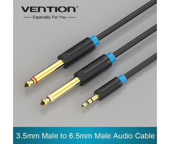 Cablu audio 0.5m 4mm Jack 3.5mm 3pin mufa tata - 2x Jack 6.3 mm mufa tata cupru aurit negru VENTION BACBD