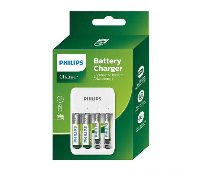 Incarcator USB Philips cu indicatoare LED 1-4 AA/AAA NiMH inclus 2x AAA 800mAh 2x AA 1300mAh SCB4013NB/00