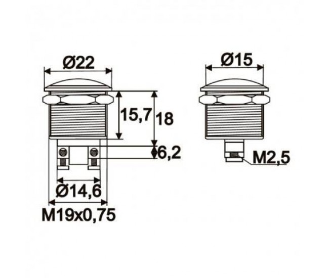 Intrerupator 1 circuit 2A 250V OFF-ON fara retinere Push-Buton metal rotunjit