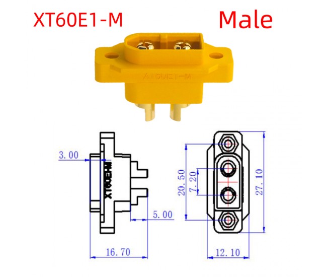 Soclu alimentare DC XT60 tata 2pini lipire montare pe panou 30A 500V galbena AMASS XT60E1-M / XT60E-M