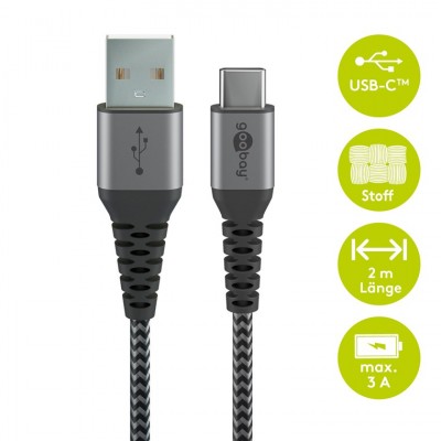 Cablu de date si incarcare USB A - USB type C 2m gri/argintiu textil flexibil Goobay 49297