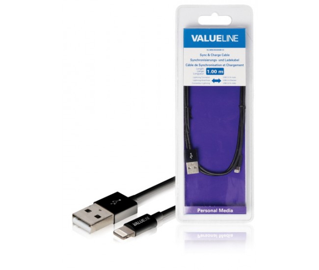 Cablu alimentare si sincronizare pentru iPad iPhone iPod Apple lightning - USB 2.0 A tata 1m negru VALUELINE