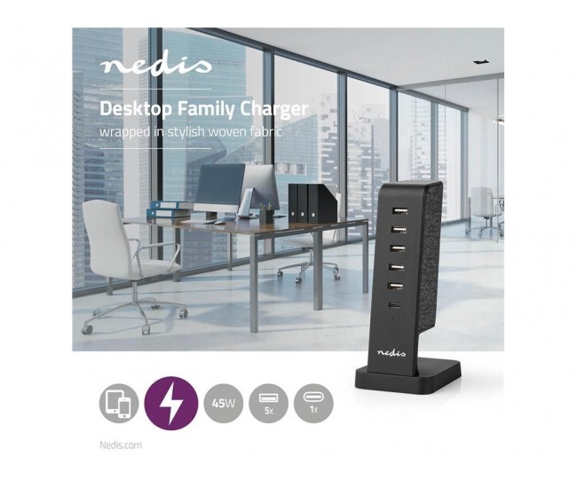 Incarcator multiport de familie Nedis 5x USB 2.1A (max) 45W + 1x USB type C 30W PD negru