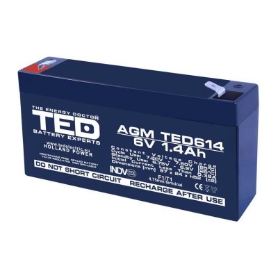 Acumulator AGM VRLA 6V 1.4Ah plumb acid 97x24x52 mm F1 terminal TED Battery Expert Holland