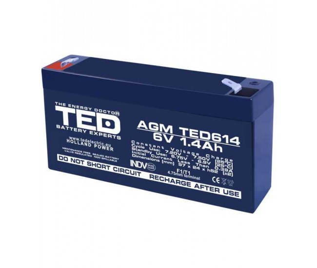 Acumulator AGM VRLA 6V 1.4Ah plumb acid 97x24x52 mm F1 terminal TED Battery Expert Holland