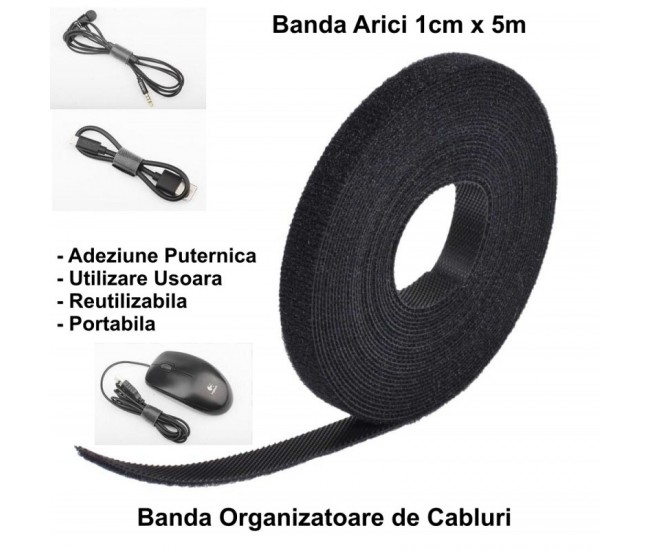 VELCRO banda textila cu arici 1cm x 5m negru