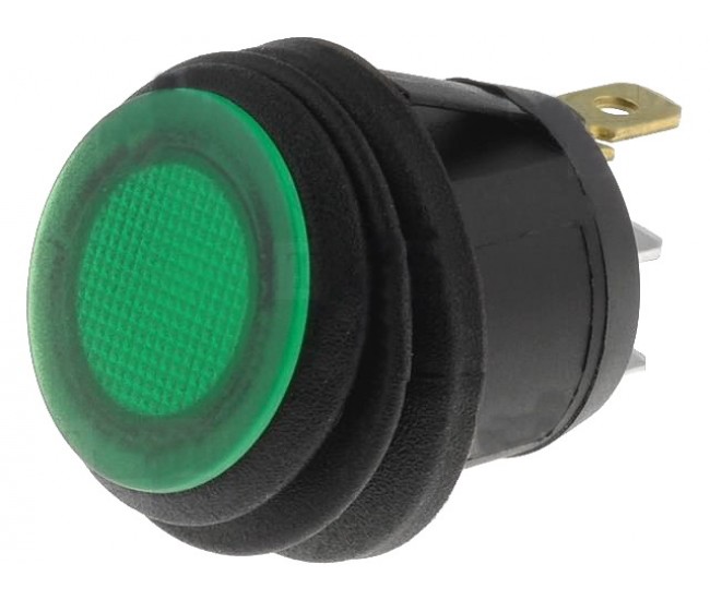 Intrerupator ROCKER SPST 2 pozitii OFF-ON cu retinere 10A/250VAC verde IP65 lampa cu neon ermetic SCI R13-112B8W-02-BGNN-0A-N2