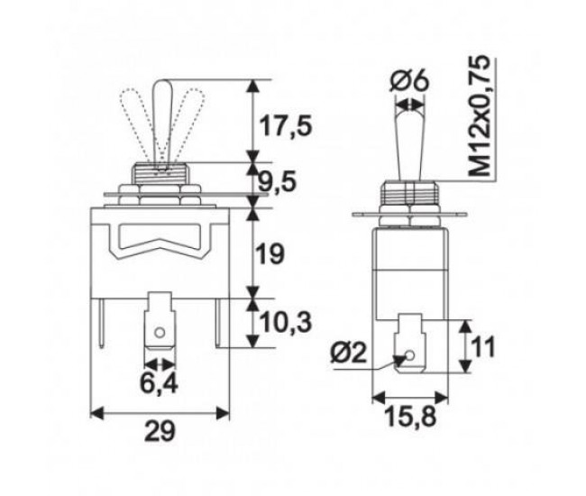 Comutator cu brat 1 circuit 10A 250V ON-OFF-ON cu retinere