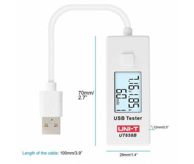 Tester USB UNI-T UT658B monitorizeaza starea de incarcare a dispozitivelor alimentate prin USB