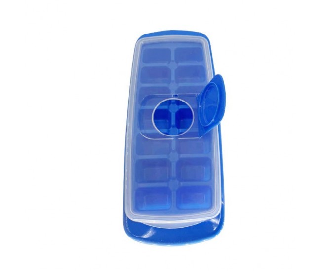 Forma pentru cuburi de gheata Flippy, 14 cuburi, reutilizabil, plastic alimentar, cu capac, orificiu umplere, dreptunghiulara, 29.5 x 12.5 x4 cm, albastru