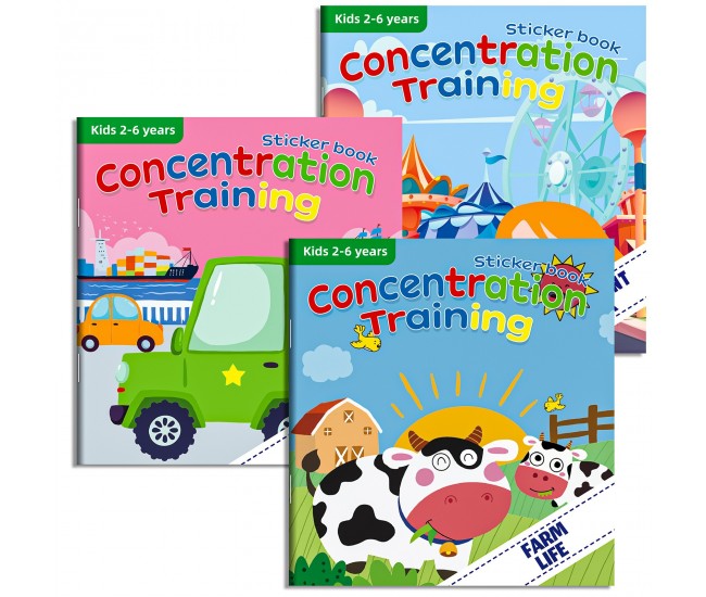 Set 3 Carti Educative cu Stickere Autocolante, Flippy, Model Ferma, Masini, Parc de Distractii, 14.5 x 15.6 cm, Copii 2-6 ani