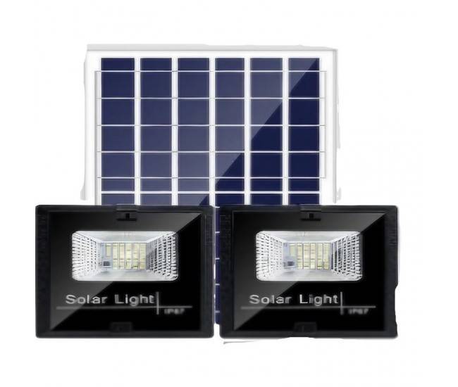 Set 2 proiectoare LED SMD 30W cu incarcare solara Flippy, panou solar, cu telecomanda, suport prindere, material ABS, 1.2AH, 200LED-uri, 13x13.5 cm, negru