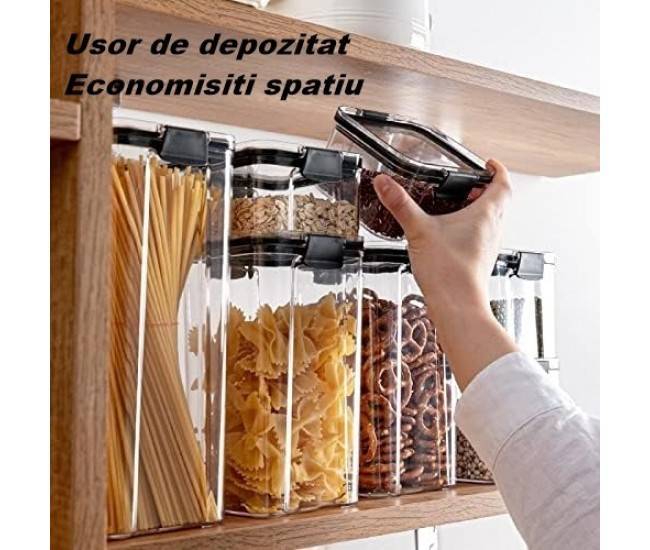 Set 4 Recipiente Depozitare Alimente,  Flippy, pentru Organizare Bucatarie, cu Inchidere Ermetica, Transparent, Plastic fara BPA, Compatibile cu Masina de Spalat Vase, Diferite Dimensiuni, 350 ml, 1300 ml, 2700 ml, 4600 ml