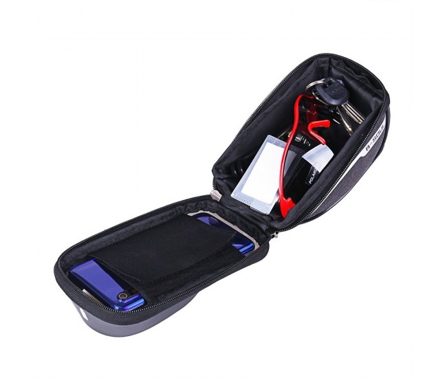 Borseta bicicleta impermeabila cu husa pentru telefon Flippy, montare pe ghidon, compatibila cu telefoane de pana la 16 cm, spatiu depozitare, 18.5x9.5 cm, gri