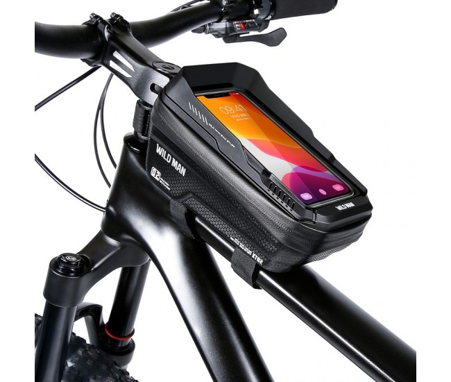 Borseta pentru bicicleta cu suport de telefon Flippy, capcitate 1L, 20.5x11.1x10.5 cm, cu spatiu de stocare, protectie waterproof, ecran tactil, fixare in 3 locuri, protectie lumina, orificiu casti, negru