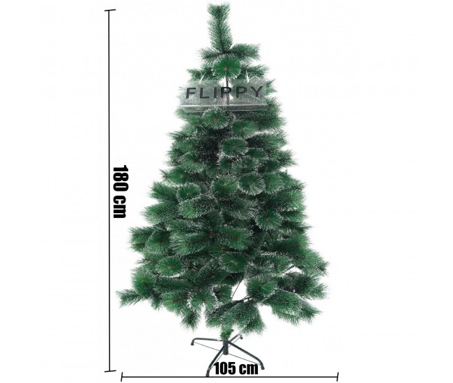 Brad artificial de Craciun tip pin inzapezit, inaltime 180 cm, diametru 105 cm, 260 ramuri cu ace 3D 12 cm, Flippy, verde cu varfuri ninse, suport metalic inclus