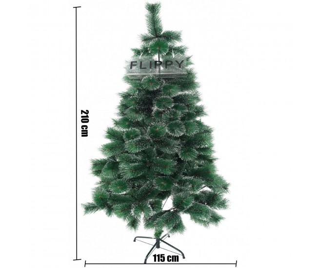 Brad artificial de Craciun tip pin inzapezit, inaltime 210 cm, diametru 115 cm, 350 ramuri cu ace 3D 12 cm, Flippy, verde cu varfuri ninse, suport metalic inclus