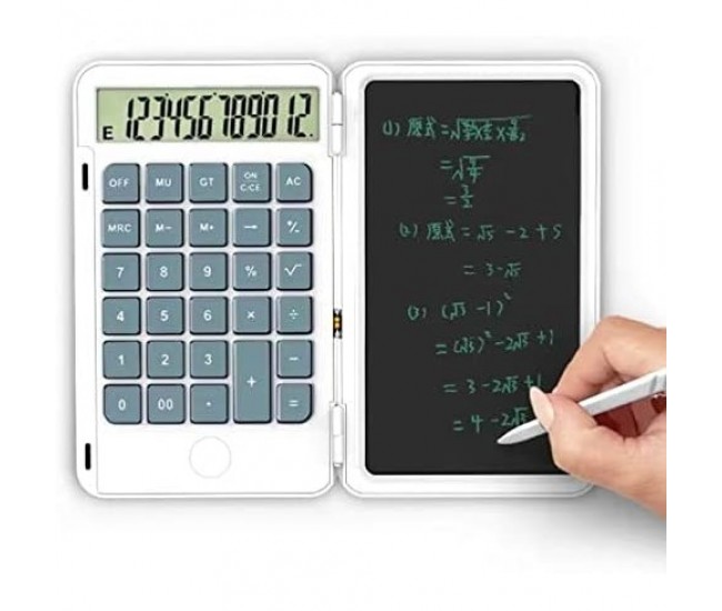 Calculator de Mana Reincarcabil cu Tabla de Scris, Flippy, Calculator Portabil, Ecran LCD, Afisaj cu 12 Cifre, Ecran de 15 cm, Culoare Alb