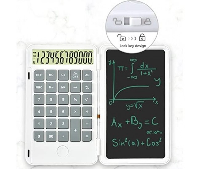 Calculator de Mana Reincarcabil cu Tabla de Scris, Flippy, Calculator Portabil, Ecran LCD, Afisaj cu 12 Cifre, Ecran de 15 cm, Culoare Alb