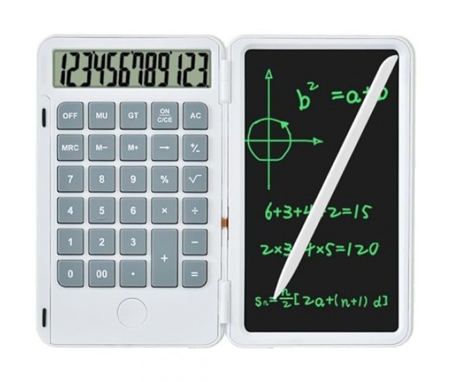 Calculator de Mana Reincarcabil cu Tabla de Scris, Flippy, Calculator Portabil, Ecran LCD, Afisaj cu 12 Cifre, Ecran de 15 cm, Culoare Alb