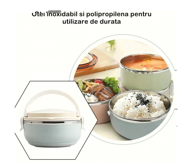 Caserola pentru alimente Flippy, lunch box, 700 ml, otel inoxidabil, maner, valva aerisire, inchidere etansa, 15 x 8.5 cm, albastru