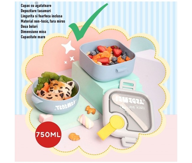 Caserola pentru copii Flippy, lunch box, 750 ml, doua boluri, lingura, foarfeca din plastic, rezistenta la scurgeri, Albastra