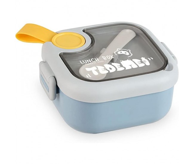 Caserola pentru copii Flippy, lunch box, 750 ml, doua boluri, lingura, foarfeca din plastic, rezistenta la scurgeri, Albastra