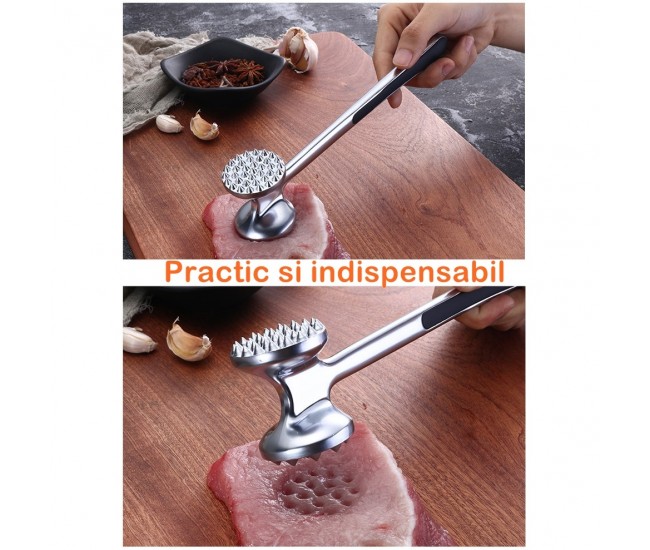 Ciocan pentru snitele si carne Flippy, din aliaj de zinc, maner antialunecare, doua capete, 22 cm, argintiu