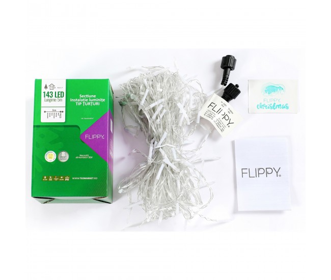 Componenta Instalatie de Craciun Flippy® Tip Franjuri, 8 jocuri de lumini, Sectiune 5 m, 143 LED-uri, Interconectabila, Fir Transparent, Alb Cald