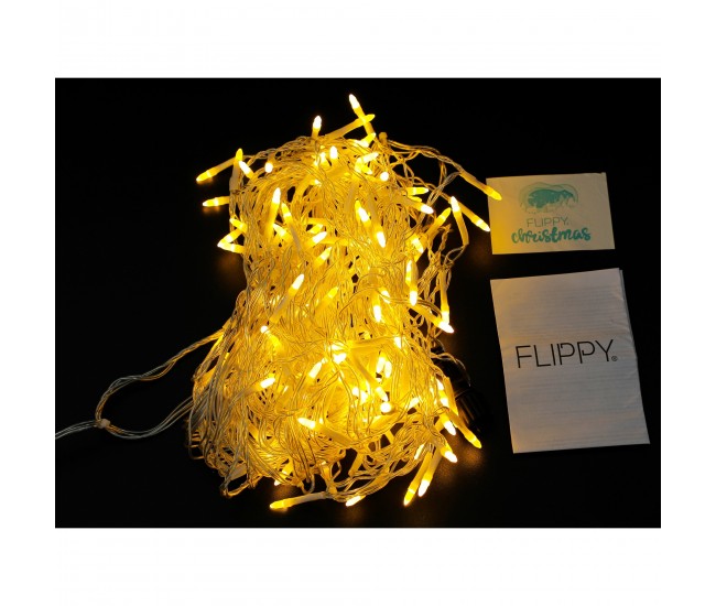 Componenta Instalatie de Craciun Flippy® Tip Franjuri, 8 jocuri de lumini, Sectiune 5 m, 143 LED-uri, Interconectabila, Fir Transparent, Alb Cald