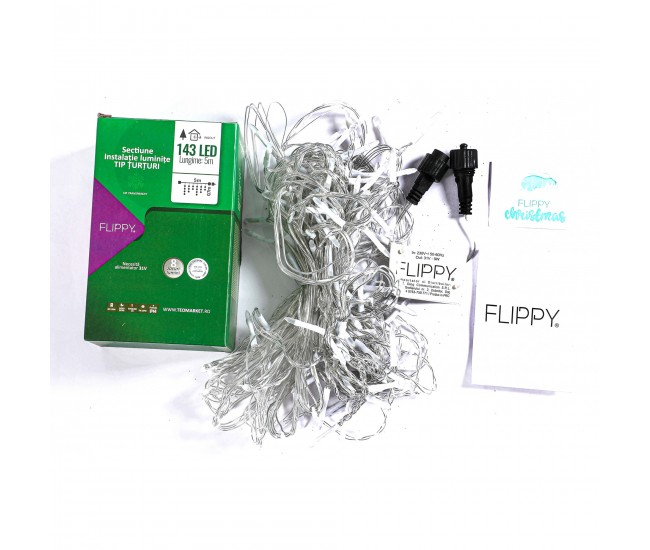 Componenta Instalatie de Craciun Flippy® Tip Franjuri, 8 jocuri de lumini Sectiune 5 m, 143 LED-uri, Interconectabila, Fir Transparent, Alb Rece, Nu contine Transformator !